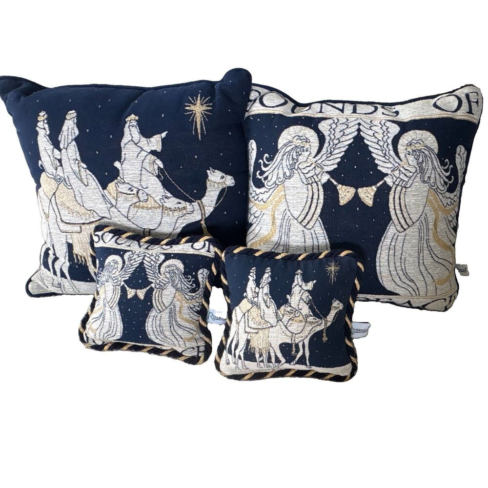 Riverdale Decorative Products Christmas Angel Tapestry Pillow Navy Gold Set of 4